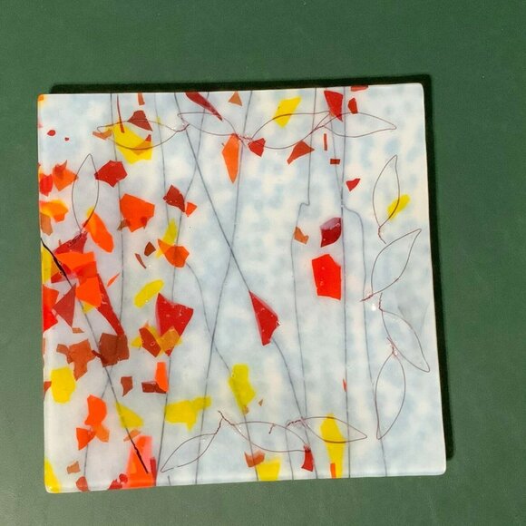 Set Of 4 Modern Fused Glass Plates - 8" Square Multicolor Abstract Decor Pattern - Picture 2 of 8